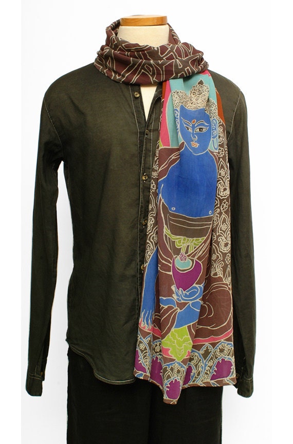 Buddha Scarf, Batik silk Scarf, Art of buddha, Unique gifts for men