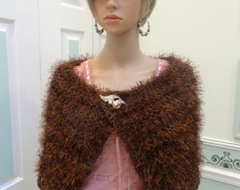 BROWN , CAPE / WRAP, Chocolate brown, hand knitted in double worsted weight yarn and matching fun fur with removable brooch