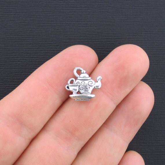 BULK 30 Tea Pot Charms Antique Silver Tone 2 Sided with Little
