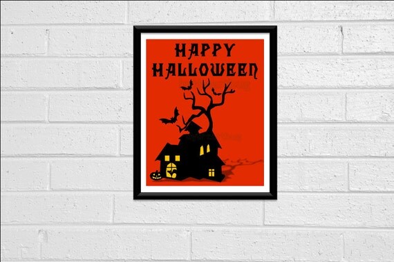 Happy Halloween Typography Print Art Print Wall Decor 8x10 Printable Digital Orange Black Spooky House Tree Bats Cat Silhouette Decoration