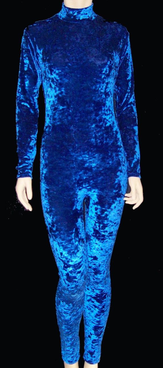 Crushed Velvet Royal Blue Unitard Catsuit Bodysuit Medium