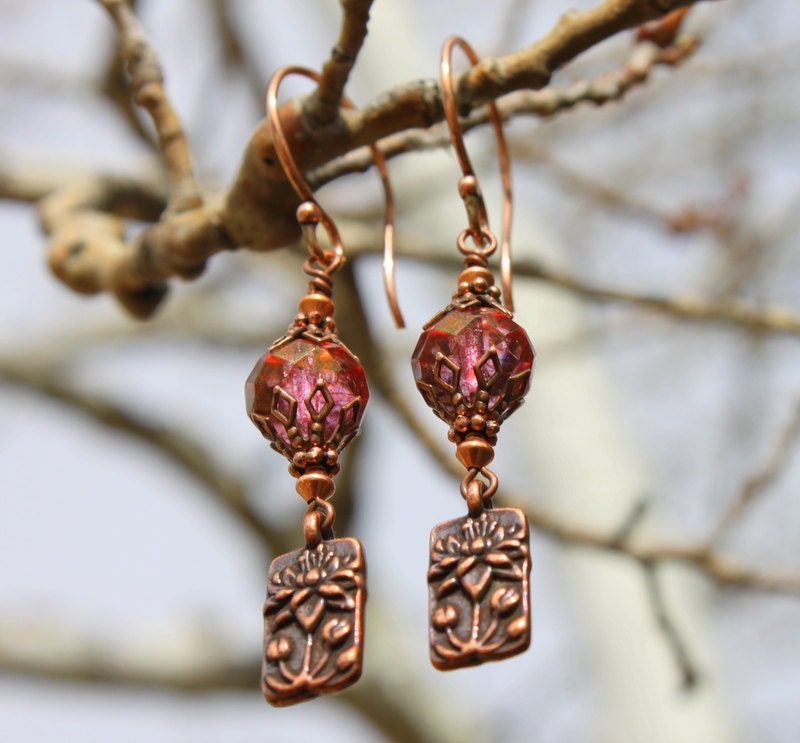 Beautiful Vintage Style Copper Earrings with Pink Cherry Pop