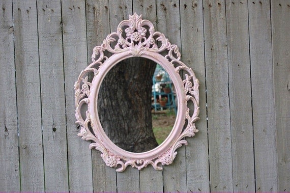 Shabby chic mirror pink white oval upcycled by thevintageartistry