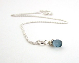 London blue topaz necklace, December birthstone, small london blue topaz pendant, sterling silver wire wrapped necklace, blue topaz jewelry