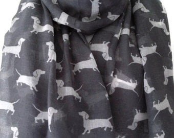 Dog Print Scarf , Grey and White Dachshund Print , Gray Sausage Dog Scarf , Sarong Shawl New Wrap