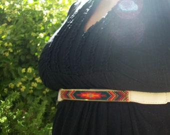 Hand Beaded Metal Stretch Belt , Cream, Teal , Fire , Native American Beadwork , American Indian Clothing , Accessories , Tribal, Waist Belt