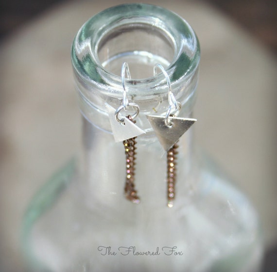 The Flowered Fox Triangle Drop Earrings with Brass Chains - Geometric Dangle Earrings