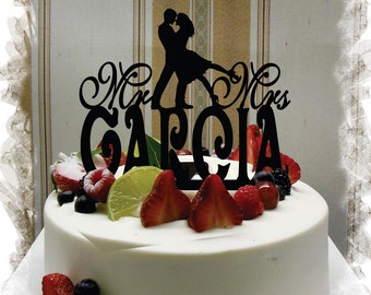 Silhouette Cake Topper , Monogram Cake Topper Mr and Mrs With Your Last (Family)Name - Handmade Custom Rustic Wedding Cake Topper
