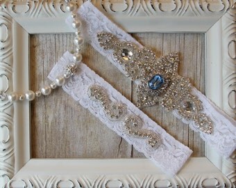 CUSTOMIZE YOUR SET - Wedding Garter Set, Bridal Garter Set, Vintage Wedding, Lace Garter, Crystal Garter Set with Topaz- Something Blue
