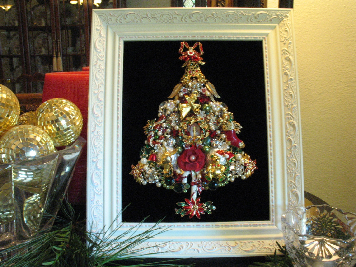 Framed Vintage Jewelry Christmas Tree Bell Angel Wreath Stocking Reindeer Teddy Bear Santa Claus Repurposed Collage Art SunnyDayVintage.com