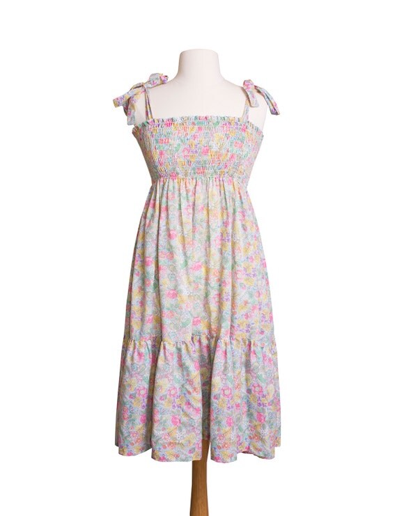 1970s Vintage Pastel Floral Sun Dress Retro 70s Boho Prairie
