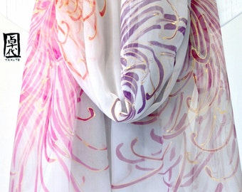 Hand painted Silk Shawl Scarf, Gray and Pink Scarf, Gray Silk Chiffon Scarf, Golden Chrysanthemums Scarf, Takuyo, 22x90 inches Made to order