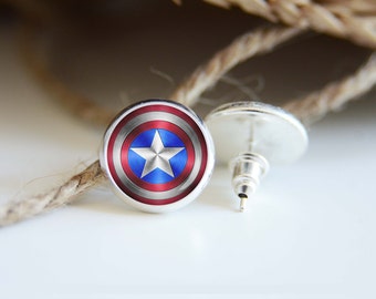 Captain America earrings, silver plated stud posts or leverback dangles