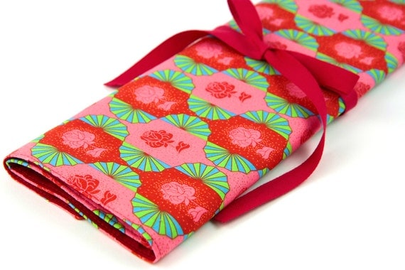 Knitting Needle Case - Dresden Sunset - IN STOCK Large Organizer 30 Red Pockets for All Sizes
