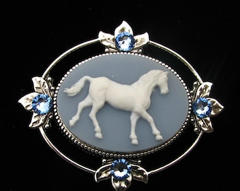 Cameo Brooch or Pendant Horse with Crystal Accents
