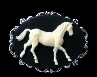 Cameo Brooch or Pendant Horse Black and Creme