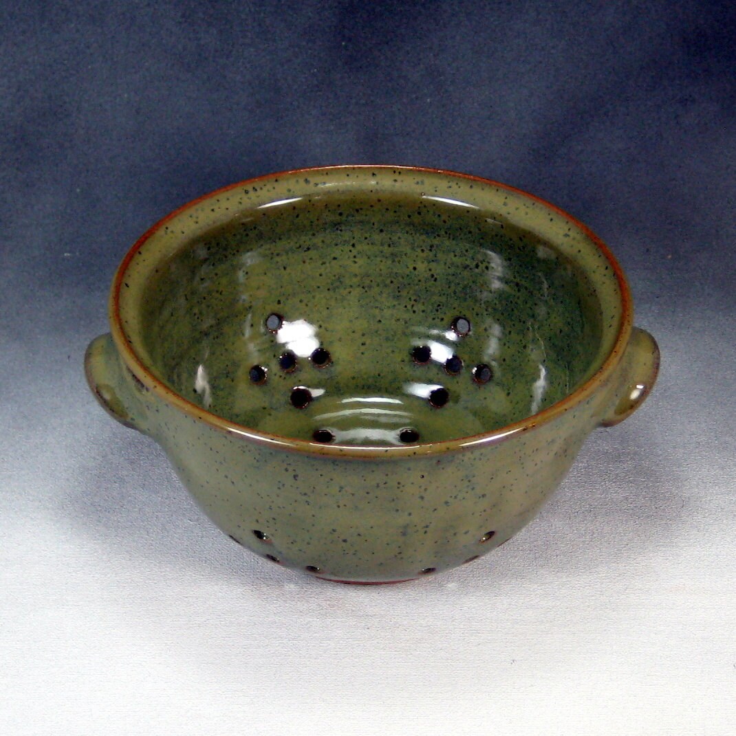 Green Small Ceramic Colander or Ceramic Berry Bowl Hand Thrown
