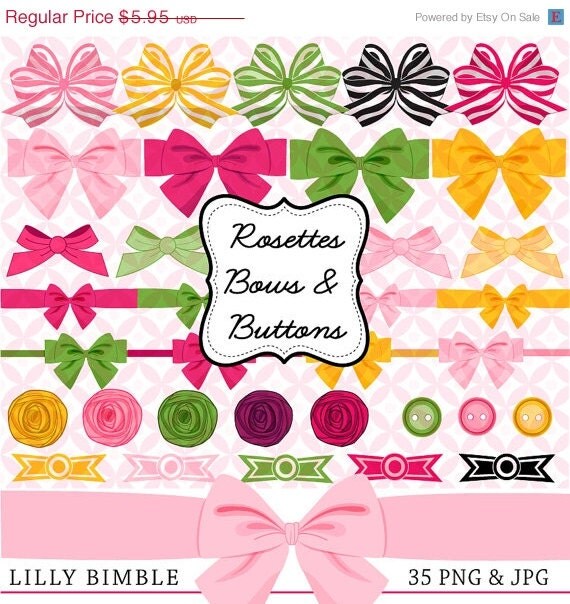 50% off Rosettes, Bows and Buttons clipart, Decorative gift wrap bows in green, hot pink, yellow INSTANT DOWNLOAD Il_570xn