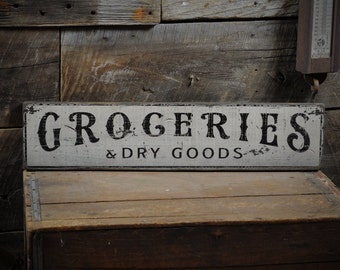 Groceries & Dry Goods Sign - Kitchen Distressed Primitive Rustic Hand Made Vintage Country Wall Decor Wooden Pantry Signs ENS1000279