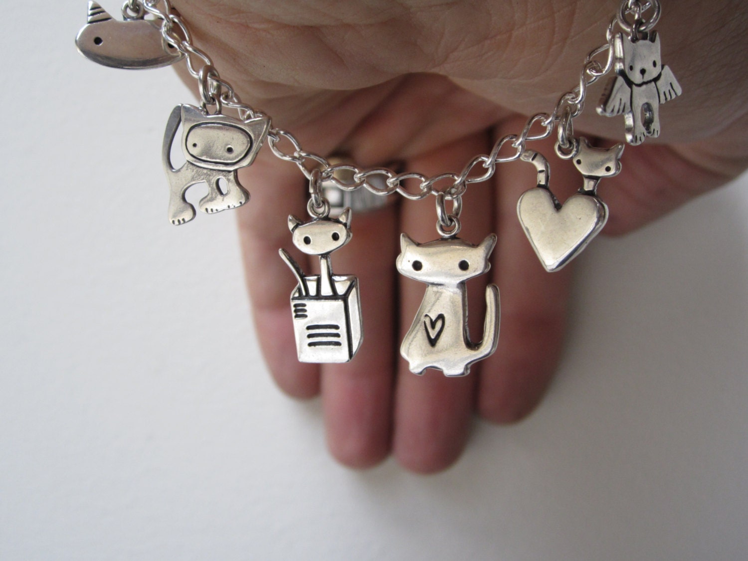 Cat Charm Bracelet Sterling Silver Cat Bracelet with 6 Cat