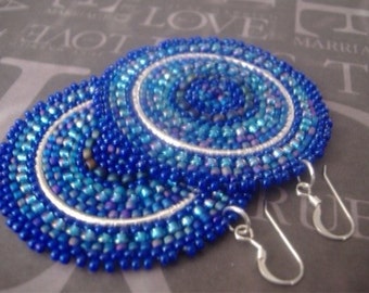 Beaded Disc Earrings - Big Bold Bright Blue Multicolored Seed Bead Earrings - Handmade Beadwork Jewelry