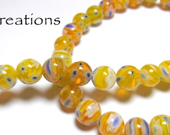 Millefiori Yellow Beads with White and Blue Flowers 7mm-8mm Round #4