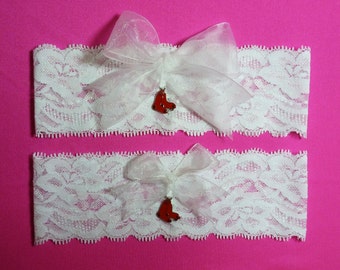 Boston Red Sox Wedding Garter Set White Lace Handmade with charms Keepsake and Toss