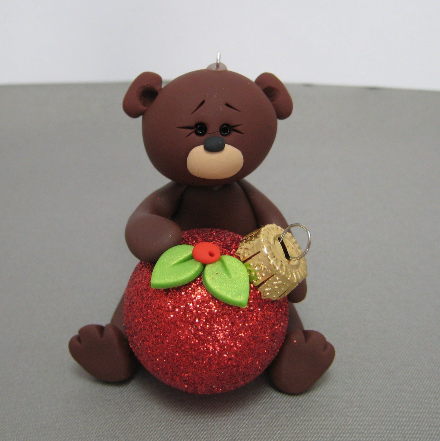 Teddy Bear polymer clay Christmas Ornament Red Glitter