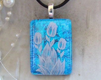 Dichroic Glass Pendant, Fused Jewelry, Floral, Blue, Necklace Included, A2