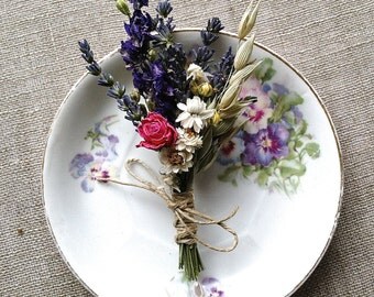 Spring Meadow Wedding Boutonniere or Corsage of Lavender Larkspur Oats and Dried Flowers