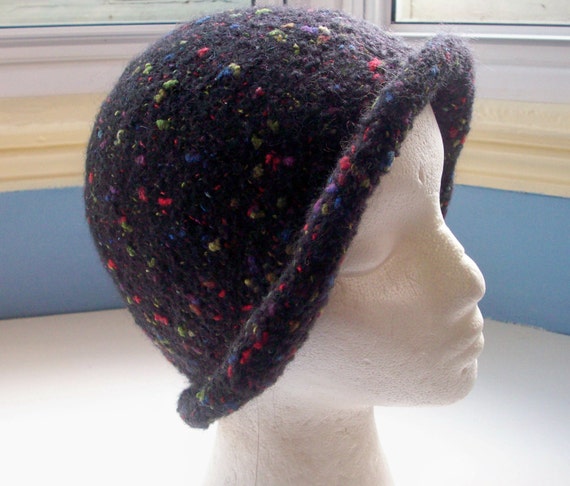 vintage style felted hat black flecked hand knitted unique wool