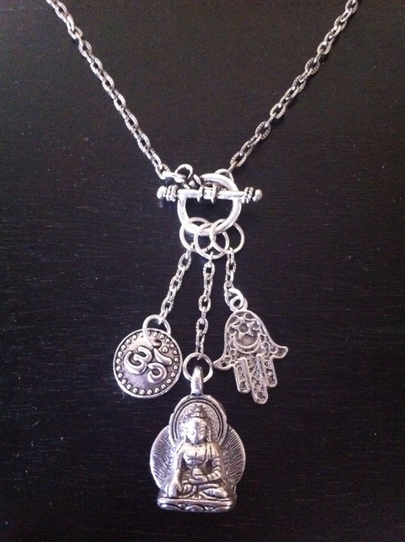 World Symbols Necklace Peaceful Buddha Hamsa OM by RedGypsyJewelry