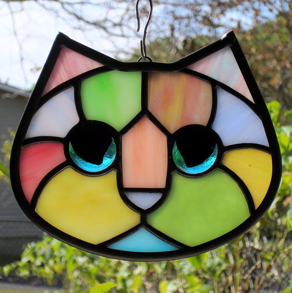 Pastel Calico Stained Glass Kitty Cat Face Suncatcher