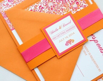 Pink and Orange Tropical Damask Invitation and RSVP Destination Wedding Suite