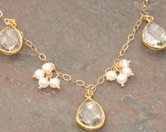 Crystal Quartz Pearl Necklace, Cluster Necklace, Gold Vermeil Necklace, Pearl Necklace, 18 inch Necklace Maggie McMane Designs