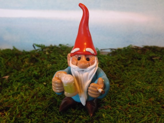 Miniature gnome BEER drinking smoking GARDEN GNOME by zzzengirl