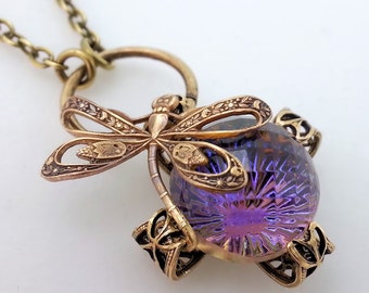 Bellissima dragonfly necklace Art Nouveau bug necklace brass filigree adjustable necklace, purple pendant necklace insect jewelry gift idea