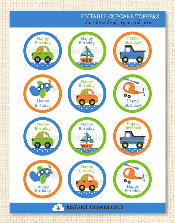 Transportation Printable Cupcake Toppers EDITABLE TEXT Il_570xn