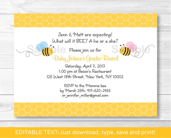 Cute Bumble Bee Gender Reveal Invitation / Bee Gender Reveal Invite ...