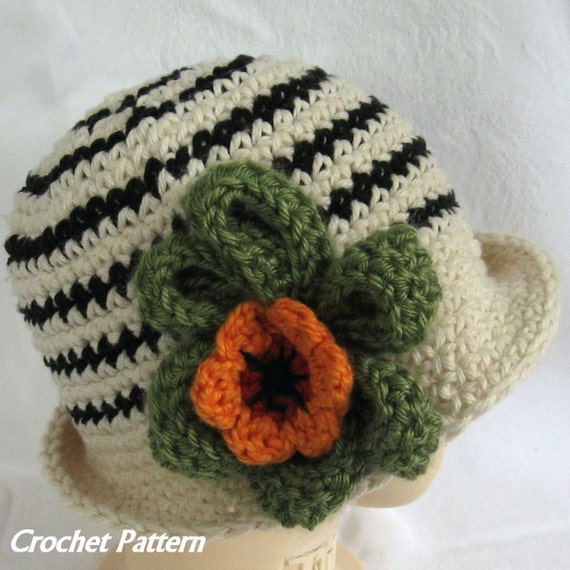 Baby Girls Crochet Hat Pattern Striped with Large Flower Trim