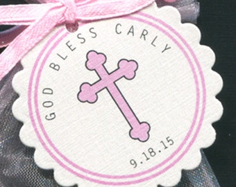 Personalized Baby Girl Baptism Favor Tags, Christening Favor Tags, Communion Favor Tags, Pink Cross