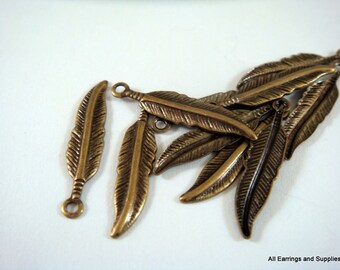 12 Feather Charms Antique Gold Single Sided Drops 18x4mm Plated Brass - 12 pc - 6267-13