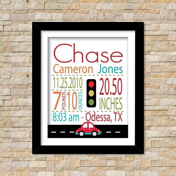 Items similar to Cars Boy Themed Baby Name Nursery Print in a 8 x 10