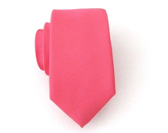 Skinny Tie - Coral Tone on Tone Striped Skinny Necktie With Matching Pocket Square Option
