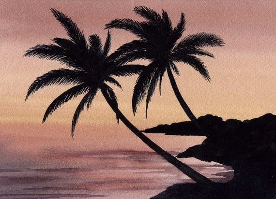 SUNSET PALMS Art Print Signed by Watercolor Artist D J Rogers