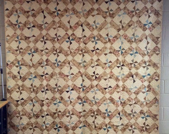 Tan and Teal Pinwheel Queen Size Quilt - 90" x 90" - Queen, King size quilt - bed quilt