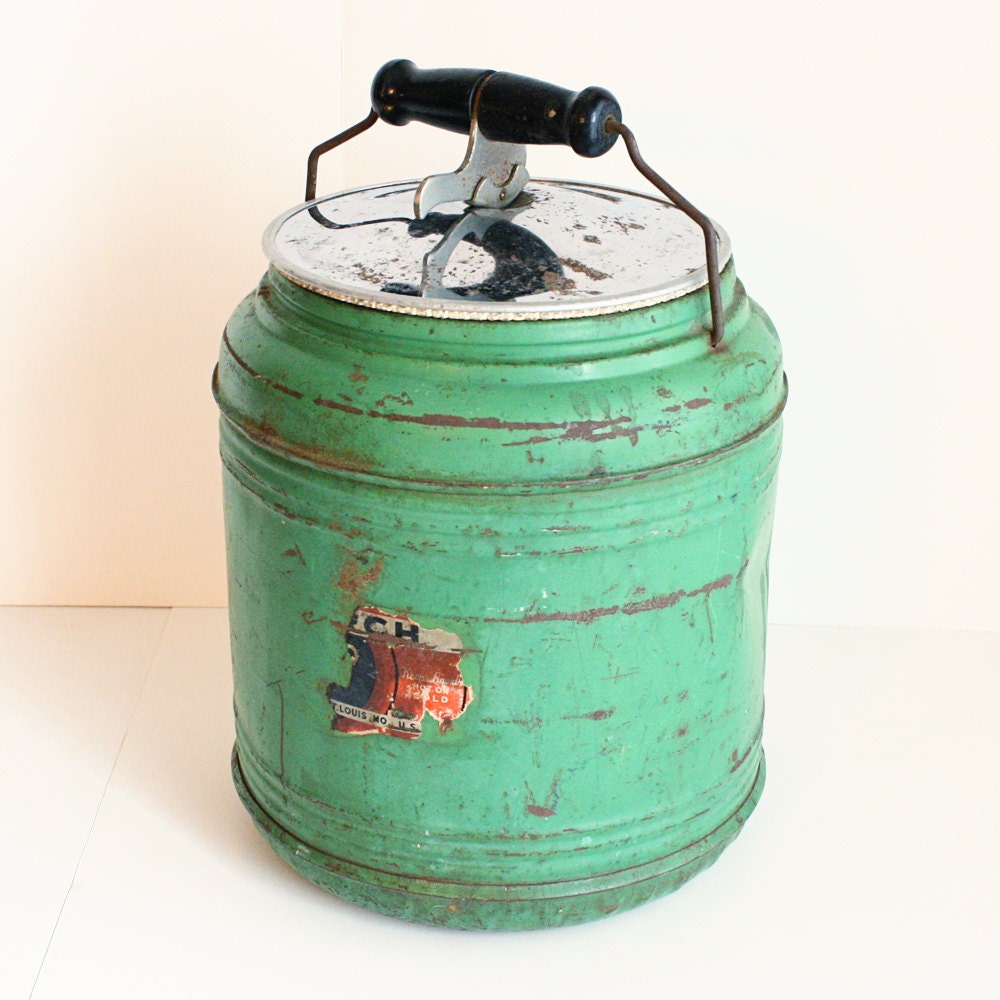 Vintage water cooler water jug metal green ceramic