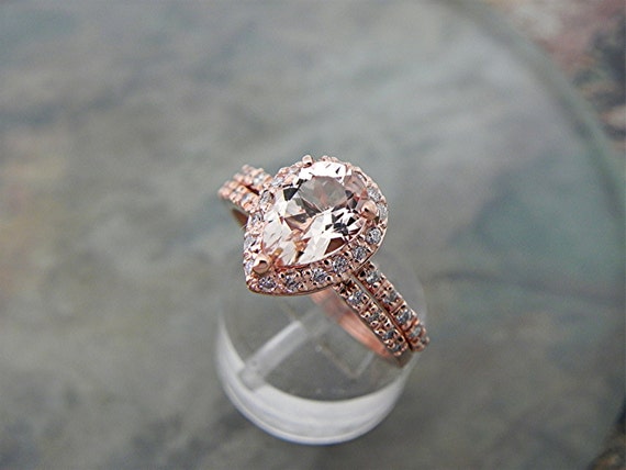 9x7mm 1.56 Carat AAA Pear shape Natural untreated Salmon Peach Morganite in 14K Rose gold bridal set with .50cts of diamonds. B107 1512