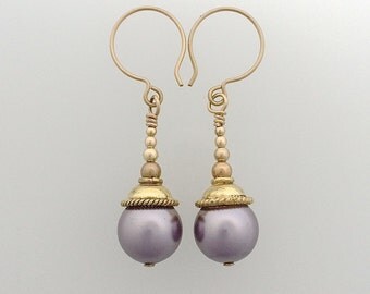 Swarovski Crystal 12 mm Pearl Earrings Pale Mauve 14 ct Gold Fill.