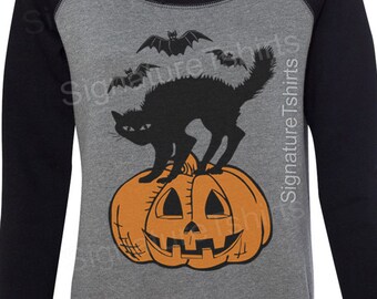Halloween sweatshirt - Black cat Bats Pumpkin Off the Shoulder - Womens Sweatshirt - Halloween party sweater - Slouchy Sweatshirt